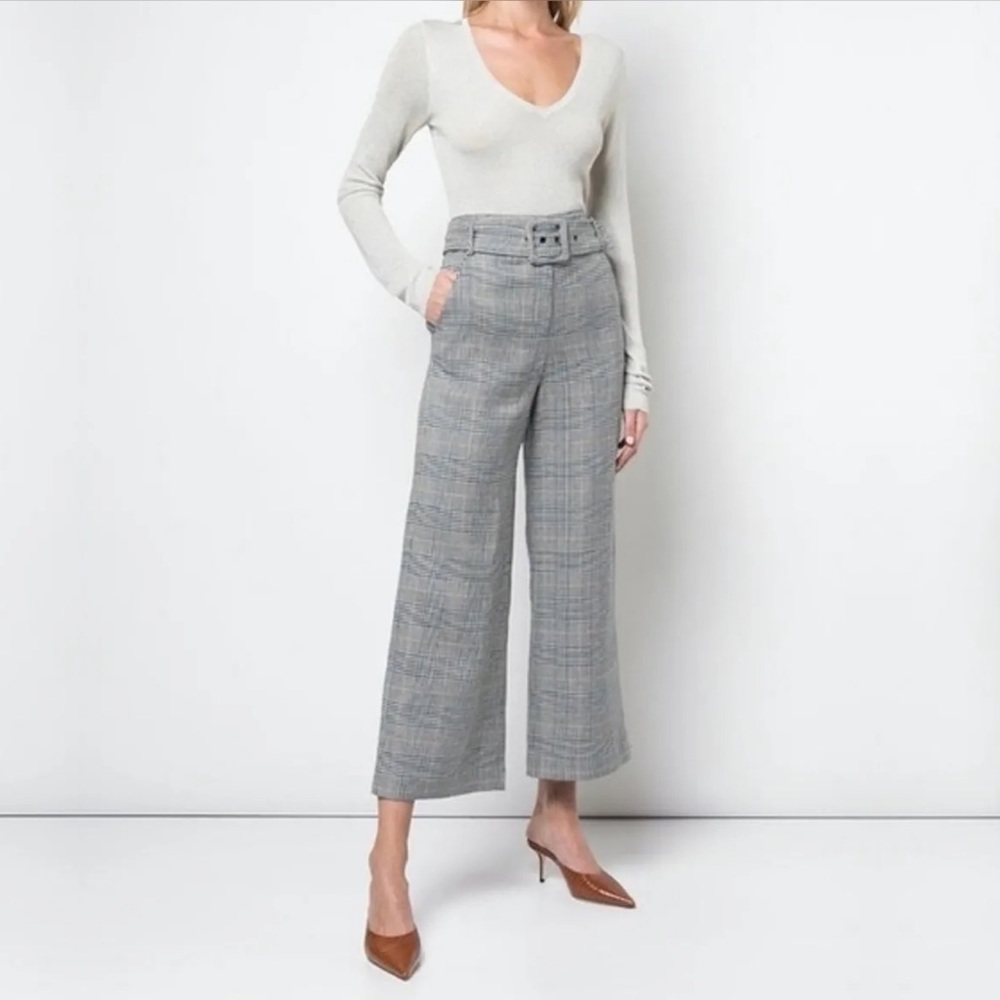 Veronica Beard Gray Plaid Wide-Leg Belted Pants